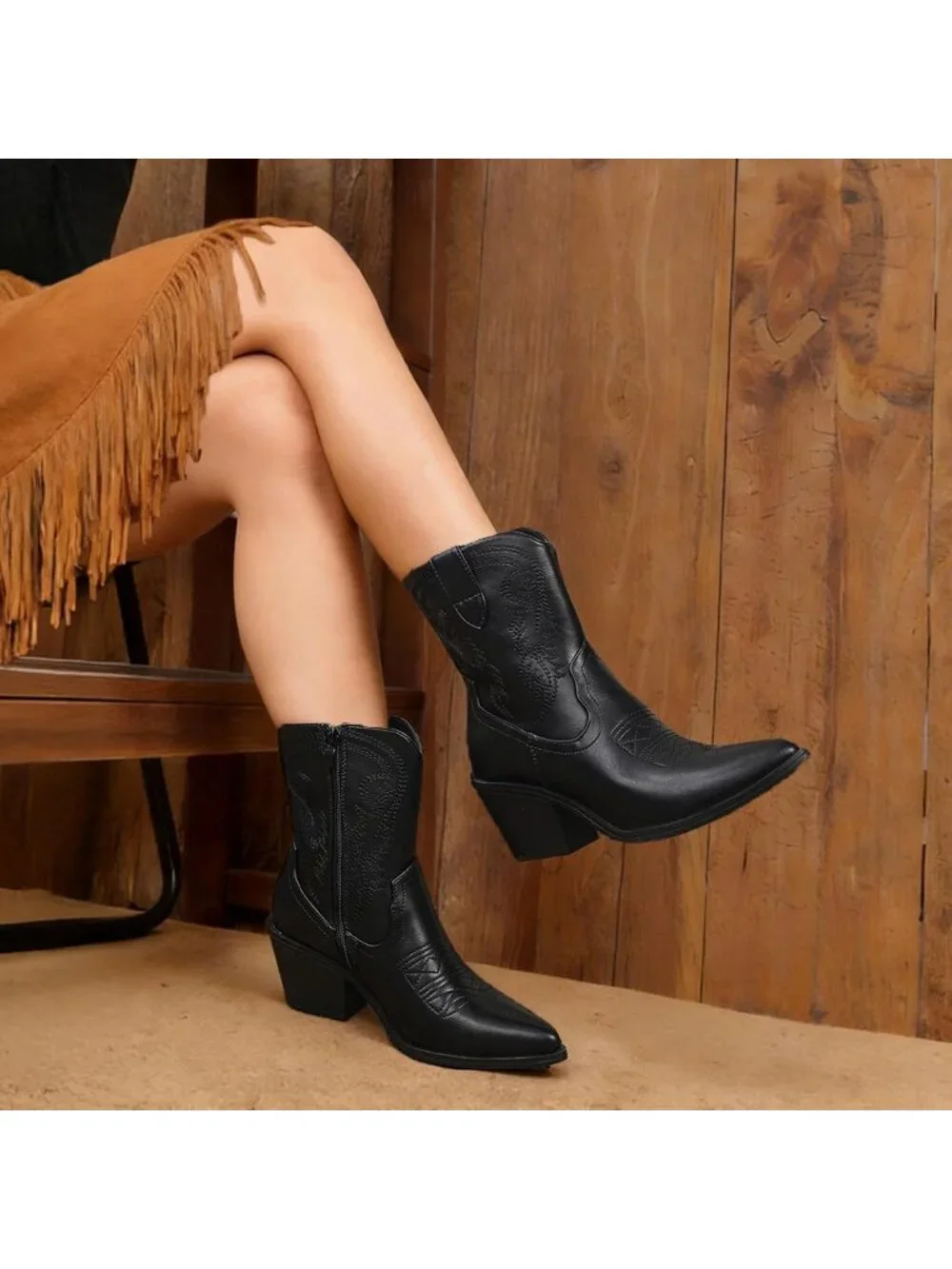 Women's Black Cowboy Ankle Boots Western Booties Pointed Toe Embroidery Shoes